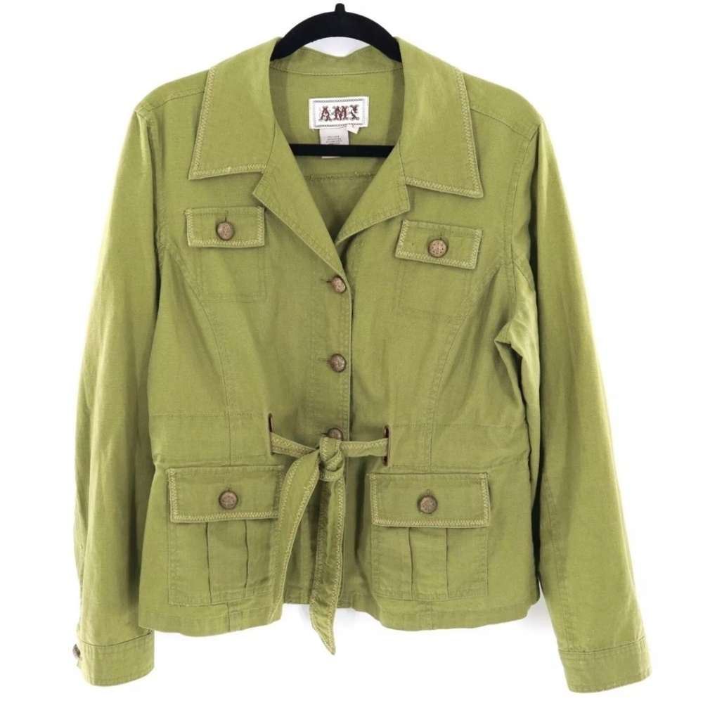 AMI Linen Military Jacket Womens L Earthy Green Tie Waist Collared Gold Buttons